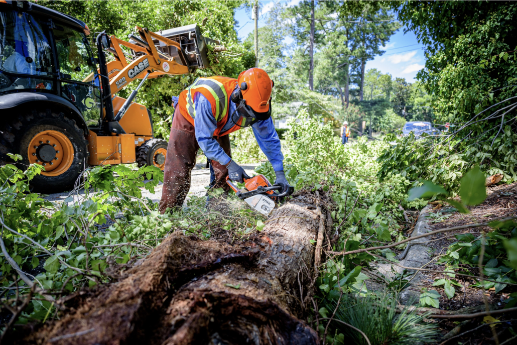 Crew member breaking down the componets of a fallen tree 